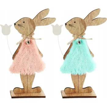 Velikonoční dekorace VELIKONOČNÍ ZAJÍČCI DŘEVĚNÍ 2 KS MODRÝ RŮŽOVÝ S KVĚTINOU 28CM