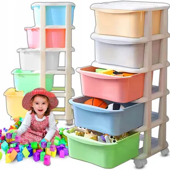 Úložný box VELKÝ REGÁL S KOŠEM NA HRAČKY, PLASTOVÝ, 5 ZÁSUVEK POLIC, MOBILNÍ ÚLOŽNÝ BOX XXL