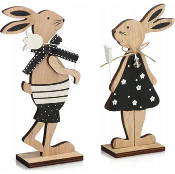 Velikonoční dekorace VELIKONOČNÍ ZAJÍČCI DŘEVĚNÍ 2 KS ČERNOBÍLÍ S KVĚTINOU 19 CM