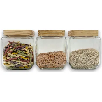 Dóza na potraviny 5Five® Sada 3ks skleněných bytelných hranatých dóz s dřevěným víkem, 1,25l KWADR