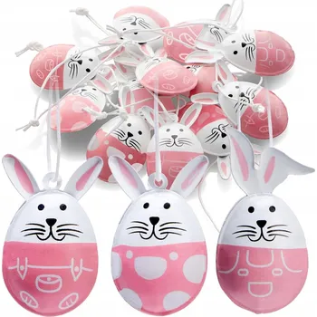 Velikonoční dekorace VELIKONOČNÍ ZÁVĚSNÉ DEKORACE 12 KS RŮŽOVÉ BÍLÉ ZAJÍČEK VAJÍČKO 6CM Velikonoce