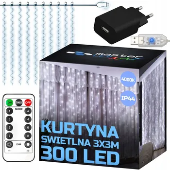 Vánoční dekorace Světelný závěs 300 LED STUDENÁ BÍLÁ Girlanda Světýlka 6500K 3x3m USB dálkové ovládání