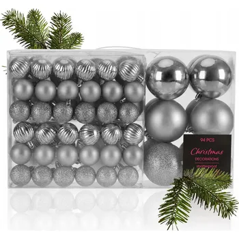 Vánoční dekorace 94-dílná SADA KOULÍ VÁNOČNÍ BAŇKY STŘÍBRNÉ NA VÁNOČNÍ STROMEČEK OZDOBY