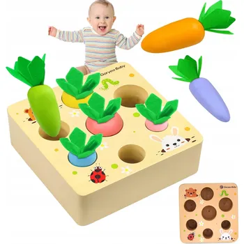 Dřevěná hračka Montessori hračky pro děti ve věku 1-2-3 roky, hra na sbírání mrkve