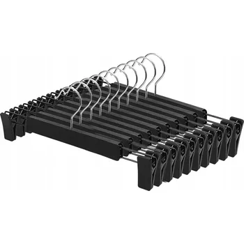 Věšák SADA VĚŠÁKŮ 10 Ks. 10x VĚŠÁK NA KALHOTY S HÁČKY ČERNÝ NASTAVITELNÝ