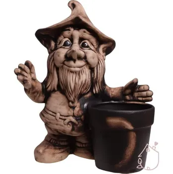 Zahradní dekorace Zahradní trpaslík s květináčem hnědý keramický, 35 cm