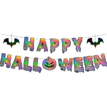 HOLOGRAFICKÝ NÁPIS HAPPY HALLOWEEN STŘÍBRNÝ HOLOGRAFICKÝ BANNER GIRLANDA