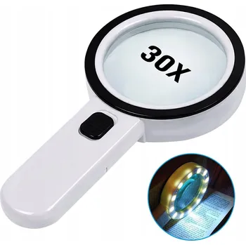 Lupa Zvětšovací SKLO 30x Lupa pro seniory s LED světlem na unavené oči