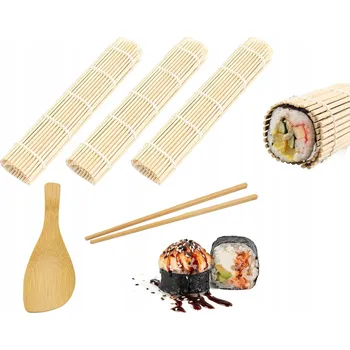 Vrták Bambusová Sada na Rolování Sushi: 3 Podložky, 2 Páry Hůlek, 1 Lžička