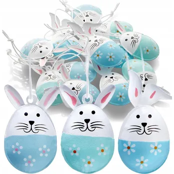 Velikonoční dekorace VELIKONOČNÍ ZÁVĚSNÉ DEKORACE 12 KS MODRÉ BÍLÉ ZAJÍČEK VAJÍČKO 6CM Velikonoce