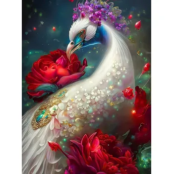 Diamantové malování Diamantové malování - Páv a červené květy (60x80) + třpytivé kamínky
