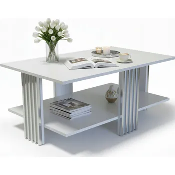 Konferenční stolek KONFERENČNÍ STOLEK OBLOUKOVÝ LAVICE DŘEVĚNÝ POLICE OBÝVACÍ POKOJ BÍLÝ MAT/CHROM