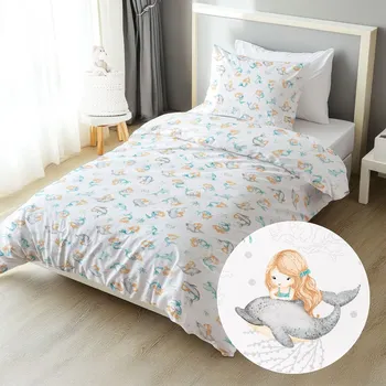 Povlečení Dětské bavlněné ložní povlečení Sandra SA-691 Modrozelené mořské panny s delfíny a velrybami na bílém Jednolůžko 140x200 a 70x90 cm