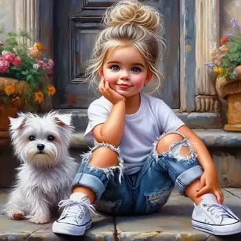 Diamantové malování Zakázková pro Diamantovani.cz Holčina a pejsek (50 x 50)