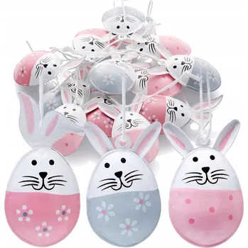 Velikonoční dekorace VELIKONOČNÍ ZÁVĚSNÉ DEKORACE 12 KS RŮŽOVÉ BÍLÉ ZAJÍČEK VAJÍČKO 6CM Velikonoce
