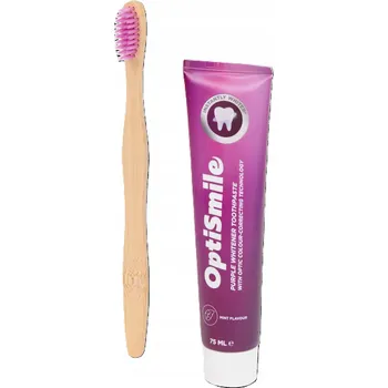 zubní pasta Zubní pasta se zubním kartáčkem z bambusu OptiSmile Purple Whitening, 2 kusy