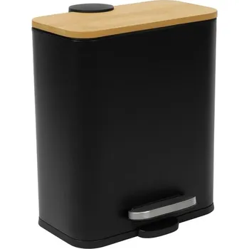 Odpadkový koš KOŠ DO KOUPELNY ČERNÝ KOVOVÝ S PEDÁLEM A BAMBUSOVÝM VÍKEM 5L