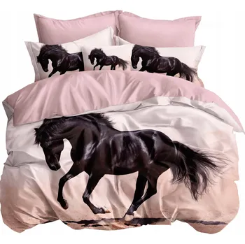 Povlečení POVLEČENÍ 3D BAVLNA ČERNÝ KŮŇ HŘEBEC 160x200cm + 2 POVLEČENÍ NA POLŠTÁŘ 70x80 RŮŽOVÉ