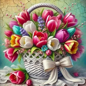 Diamantové malování Diamantové malování - Tulipány v košíku + perleťové kamínky