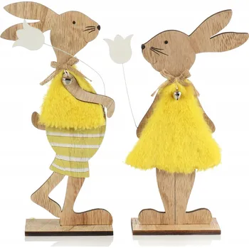 Velikonoční dekorace VELIKONOČNÍ ZAJÍČCI DŘEVĚNÍ 2 KS ŽLUTÝ SVĚTLE HNĚDÝ S KVĚTINOU 28 CM