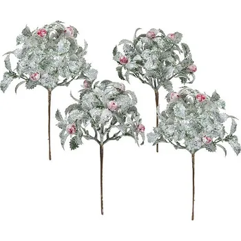 umělá květina DOMMIO Keřík zelený s červenými bobulemi s jinovatkou 25 cm, set 4 ks