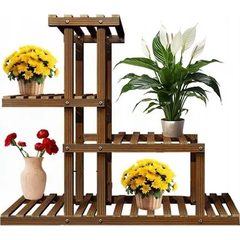 Stojan na květiny STOJAN NA KVĚTINY STOJÍCÍ DRŽÁK NA KVĚTINÁČ DŘEVĚNÝ 4 PATROVÝ REGÁL NA ROSTLINY