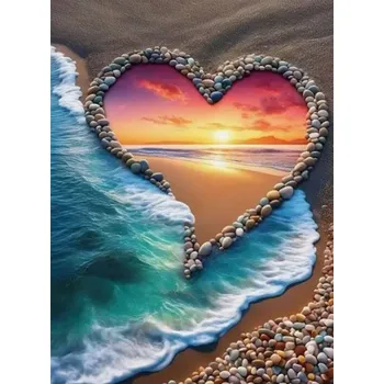 Diamantové malování Diamantové malování - Srdce na pláži + perleťové kamínky (60x80)