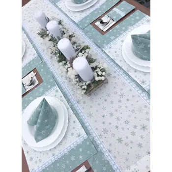 Vánoční dekorace Vánoční sada - kompletní jídelní sada pro 4 osoby - skandinávsky zelené vločky na bílé lemované bílými vločkami na skandivávsky zelené