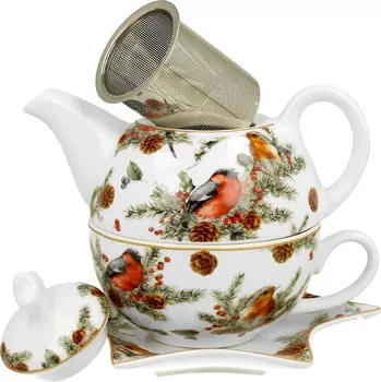 Čajová souprava Porcelánová vánoční konvička čaj pro jednoho - Ptáčci a Cesmína 350 ml (Hrnek s ptákem, ptáček, Vánoce)