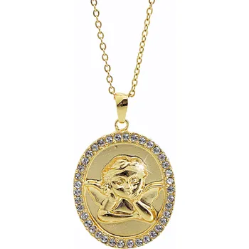 Náhrdelník JSB bijoux s.r.o. Zlatý náhrdelník z bižuterní slitiny ovál s reliéfem anděla a s krystaly Swarovski Crystal