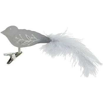 Vánoční dekorace Skleněný ptáček šedý s dekorem lístečku