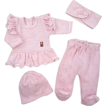 Kojenecká souprava Pletená ažurková sada 4D, tunika, polodupačky, čepička + čelenka Kazum, růžová Velikost: 68 (3-6m)