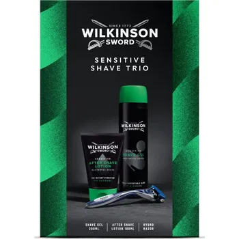 Kosmetická sada Wilkinson Sword Sensitive Shave Trio Wilkinson Sword Hydro5 holicí strojek pro muže + Wilkinson Sword Sensitive Shave Gel pěnivý gel na holení pro muže 200 ml + Wilkinson Sword Sensitive After Shave Lotion hydratační mléko po holení 100 ml kosmetická sada