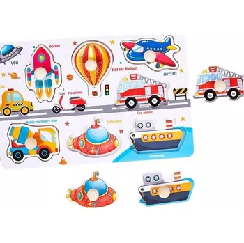 Dřevěná hračka EDUKAČNÍ DŘEVĚNÉ PUZZLE SKLÁDAČKA BAREVNÁ VOZIDLA