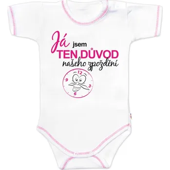 Baby Nellys Body krátký rukáv s vtipným textem Baby Nellys, Já jsem TEN DŮVOD našeho zpoždění, holka Velikost: 86 (12-18m)