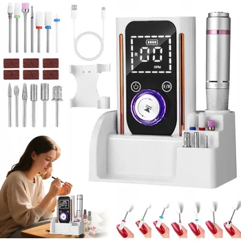 Bruska na nehty BRUSKA NA MANIKÚRU BEZDRÁTOVÁ 2500MAH + 13 PROFESIONÁLNÍCH FRÉZ, BÍLÁ