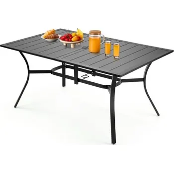 Zahradní stůl Venkovní jídelní stůl VEVOR na terasu, 150 cm dlouhý, obdélníkový, kovový, ocelový, lamelový, zahradní bistro stolek pro 4-6 osob, s otvorem pro slunečník 38 mm, velký nábytek do každého počasí na zahradní verandu, černý