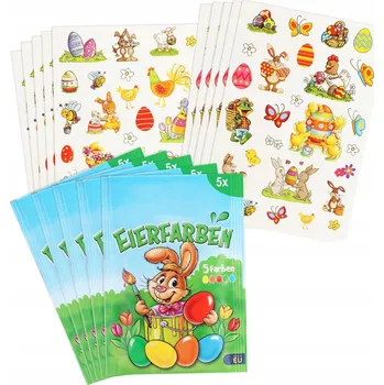 Velikonoční dekorace 25x PRÁŠEK NA BARVENÍ VAJEC + 250x NÁLEPEK NA VELIKONOČNÍ VEJCE