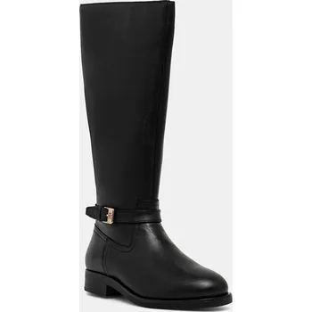 Dámské kozačky Kožené kozačky Tommy Hilfiger TH BUCKLE RIDING LTHR LONG BOOT dámské, černá barva, na plochém podpatku, FW0FW08873 99X, EUR 40