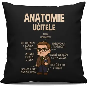 Žertovný předmět Anatomie učitele - černý polštář s potiskem- Tričkový.cz
