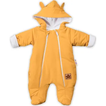 Kojenecký body Baby Nellys Kombinézka s dvojitým zapínáním, s kapucí a oušky TEDDY - hořčicová Velikost: 62 (2-3m)