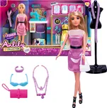 Módní návrhářka s šicím strojem a 25 doplňky