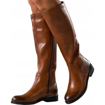 Dámské kozačky KOZAČKY Hnědé Dámské KOŽENÉ Pod Koleno POHODLNÉ Nízký Podpatek MÓDNÍ vel. 39