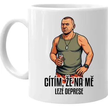 Žertovný předmět Cítím, že na mě leze deprese - hrnek s potiskem pro fanoušky seriálu Osada- Tričkový.cz