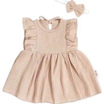 Kojenecká souprava Baby Nellys 2-dílná sada mušelínové šatičky + čelenka, béžové Velikost: 68 (3-6m)