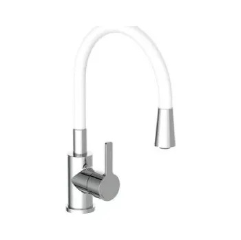Vodovodní baterie Dřezová baterie Flexo, s vysokým, otočným a flexibilním výtokem, bílá, chromová, lesklá - A CAMARGUE