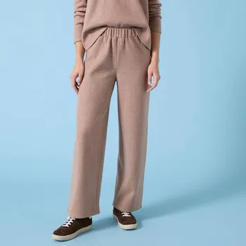 Dámské kalhoty Široké úpletové jednobarevné kalhoty s česaným rubem, pro menší postavu oříškový melír 34/36