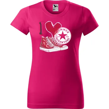 Dámské tričko levne-damske-bavlnene-tricko-potisk-srdce-tenisky Velikost dámská trička Basic: XS šířka 39, délka 57, Odstín dámské tričko Basic: Azalkové