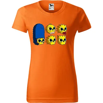 Dámské tričko levne-damske-bavlnene-tricko-potisk-lebky-simpson Velikost dámská trička Basic: XS šířka 39, délka 57, Odstín dámské tričko Basic: Pomerančové