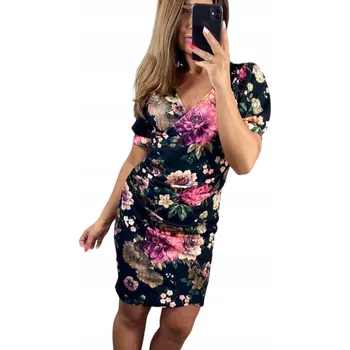 Dámské šaty V741 ELEGANTNÍ KVĚTINOVÉ ŠATY S VOLÁNKY K1 vel. 42 (XL)